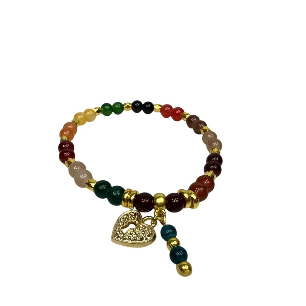 Boho Colorful Glass Gemstone Heart Charm Bracelet Gold Tone Stretch Band Wrist 7